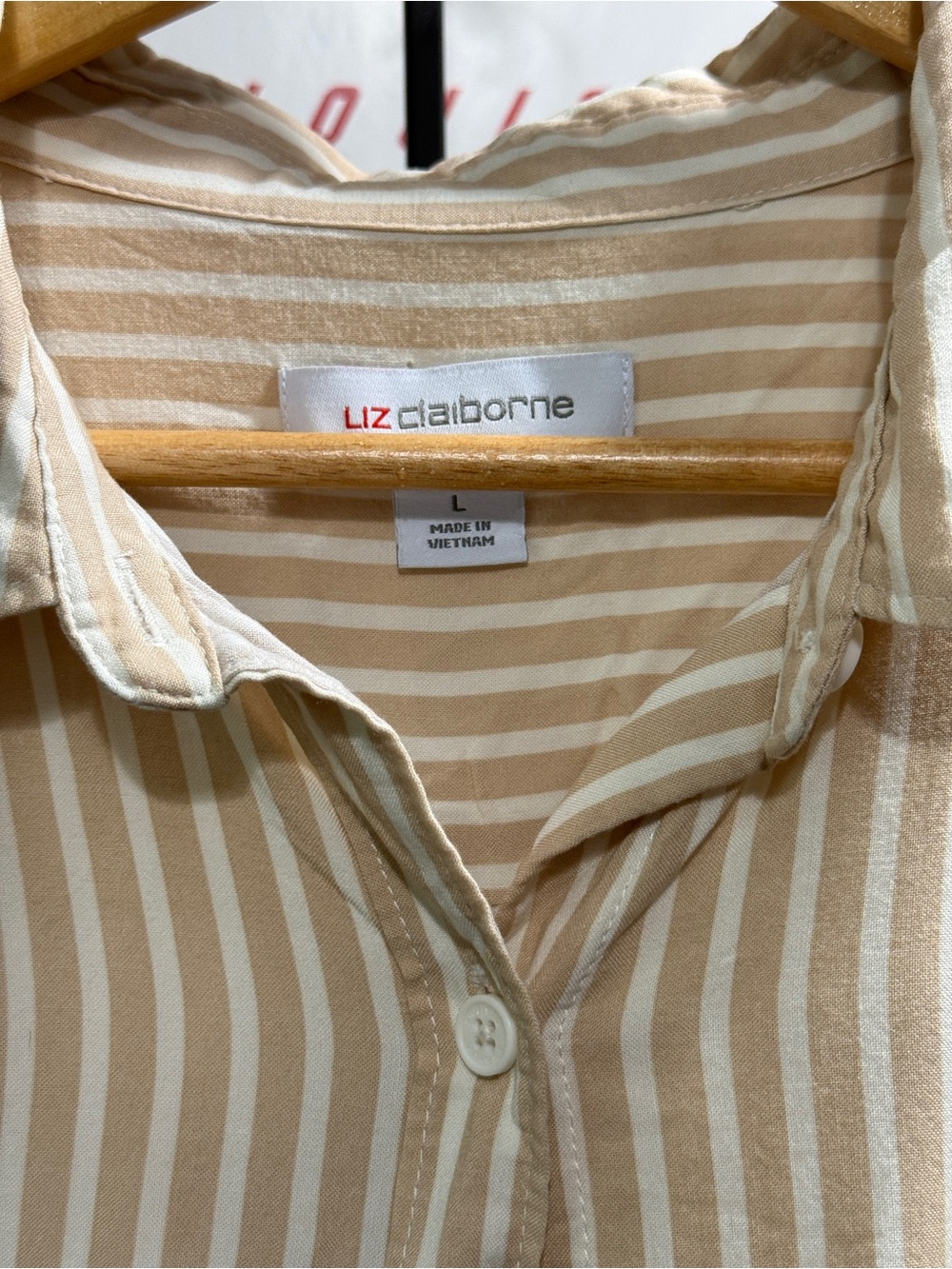 Liz Claiborne Beige Stripe Button Down Shirt | Coastal Grandmother - Picture 2 of 4